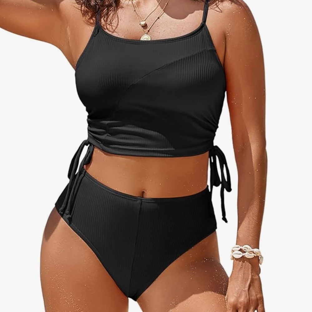 Scoop Neck Ribbed Drawstring Ruched Crop Top High Waisted Bikini Set NWOT